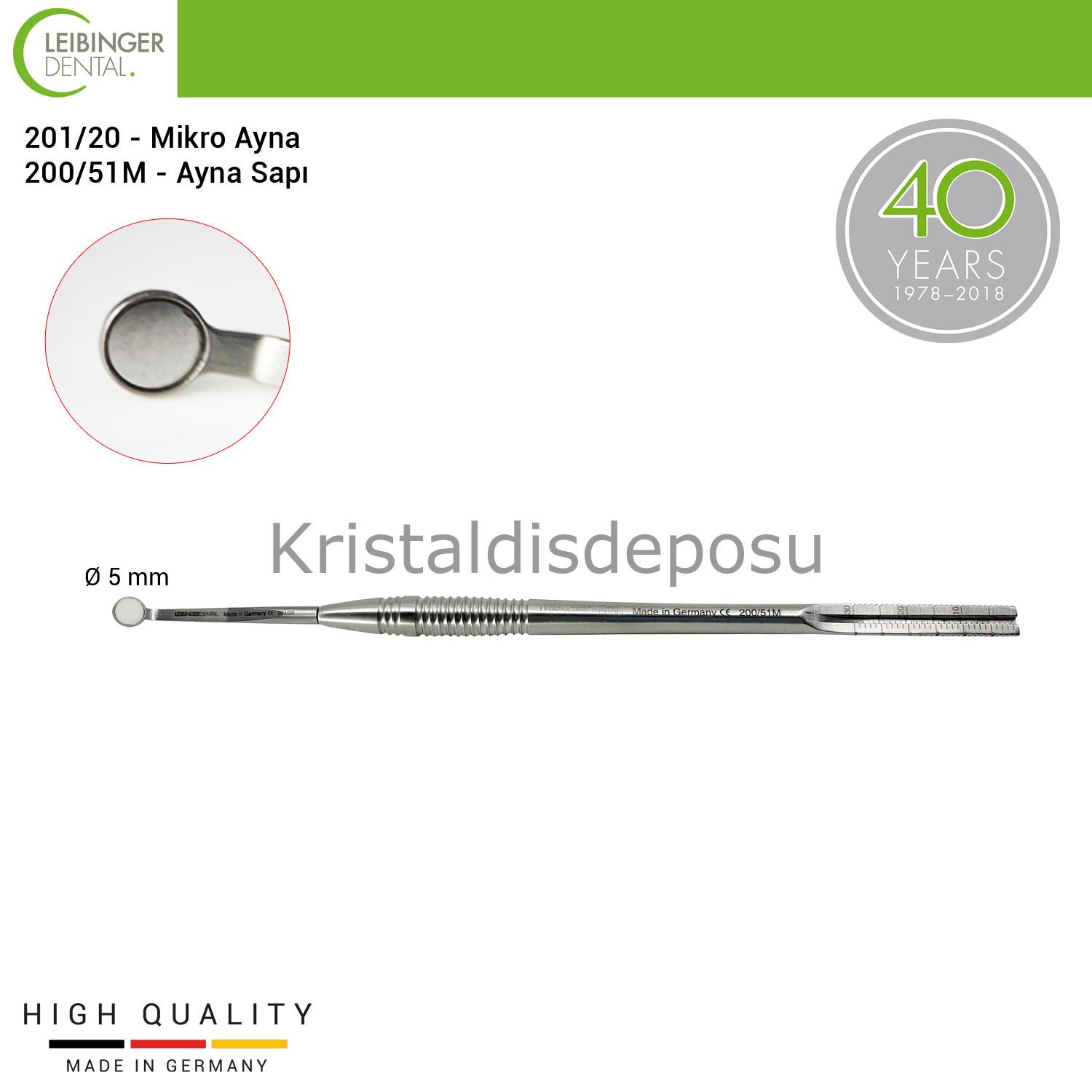Rodyum Mikro Ayna Ø 5 mm ve Ölçekli Ayna Sapı